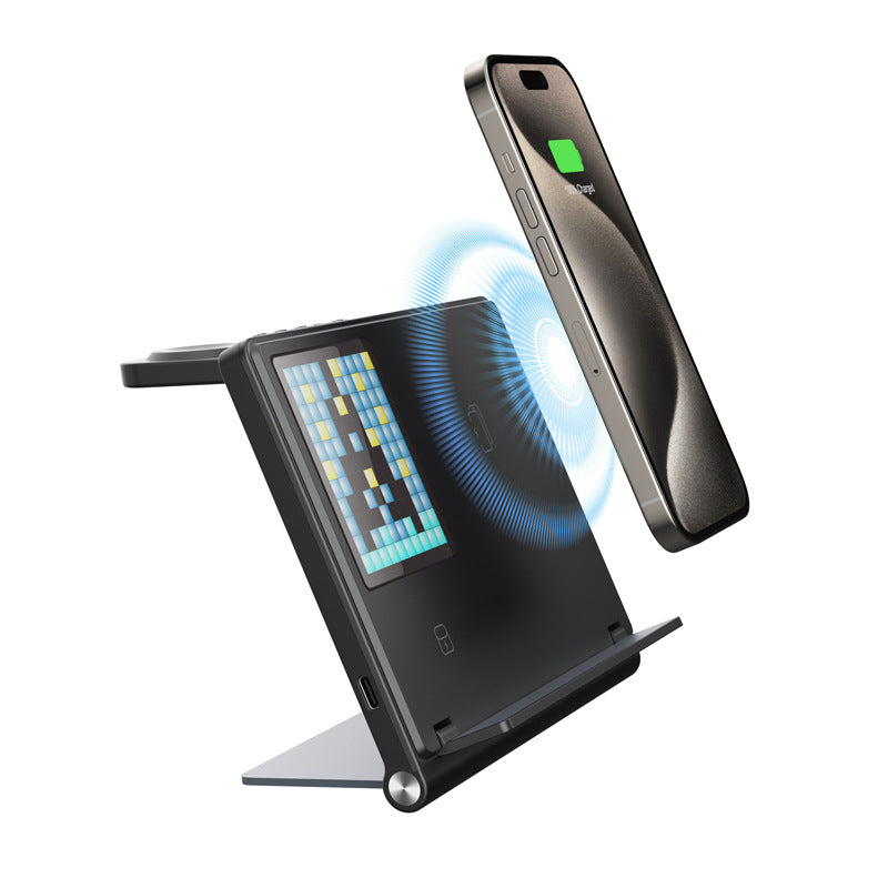 5-in-1 Pixel Animation Wireless Charger Stand — Phone, Watch & Earphones, 15W Fast Charge
