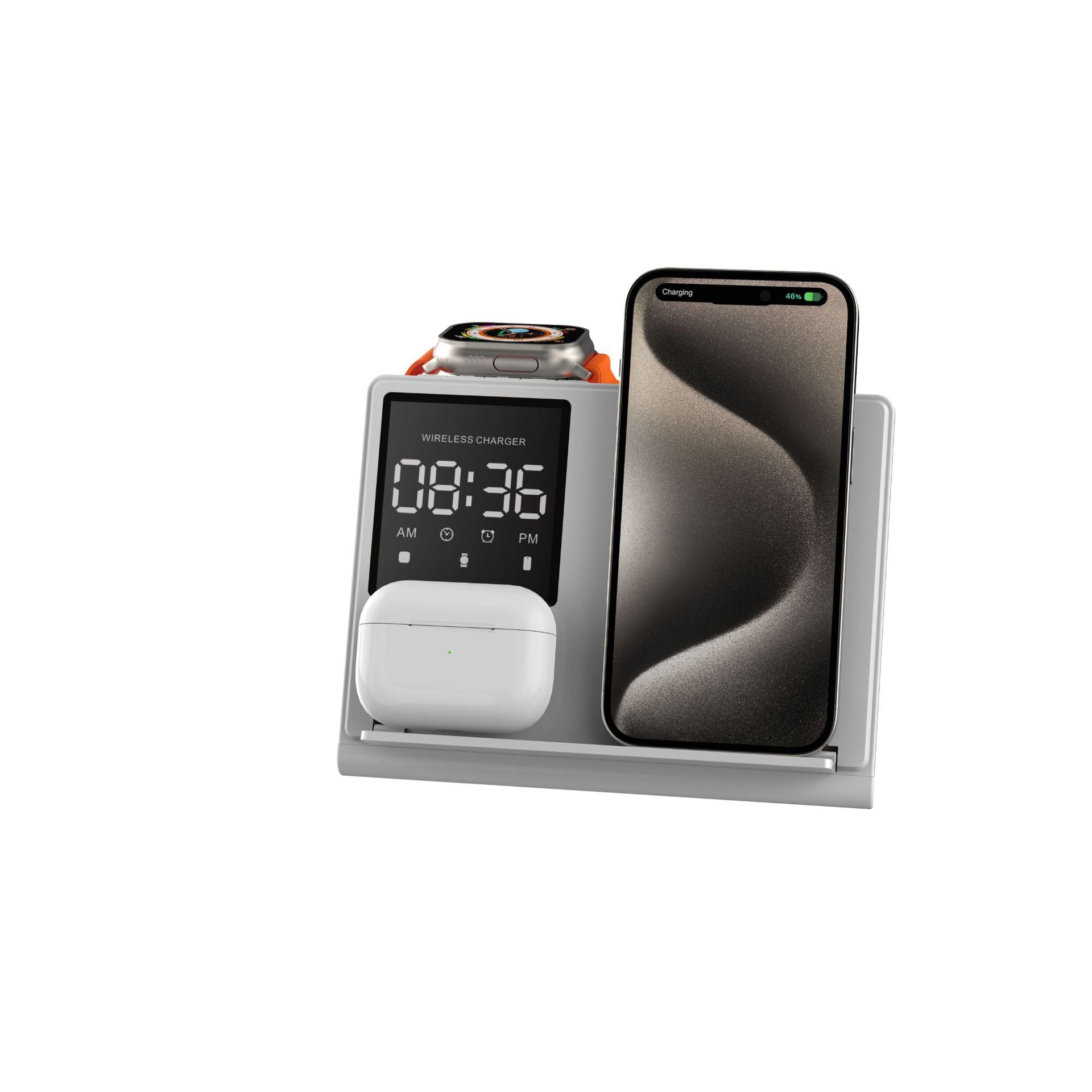 5-in-1 Pixel Animation Wireless Charger Stand — Phone, Watch & Earphones, 15W Fast Charge