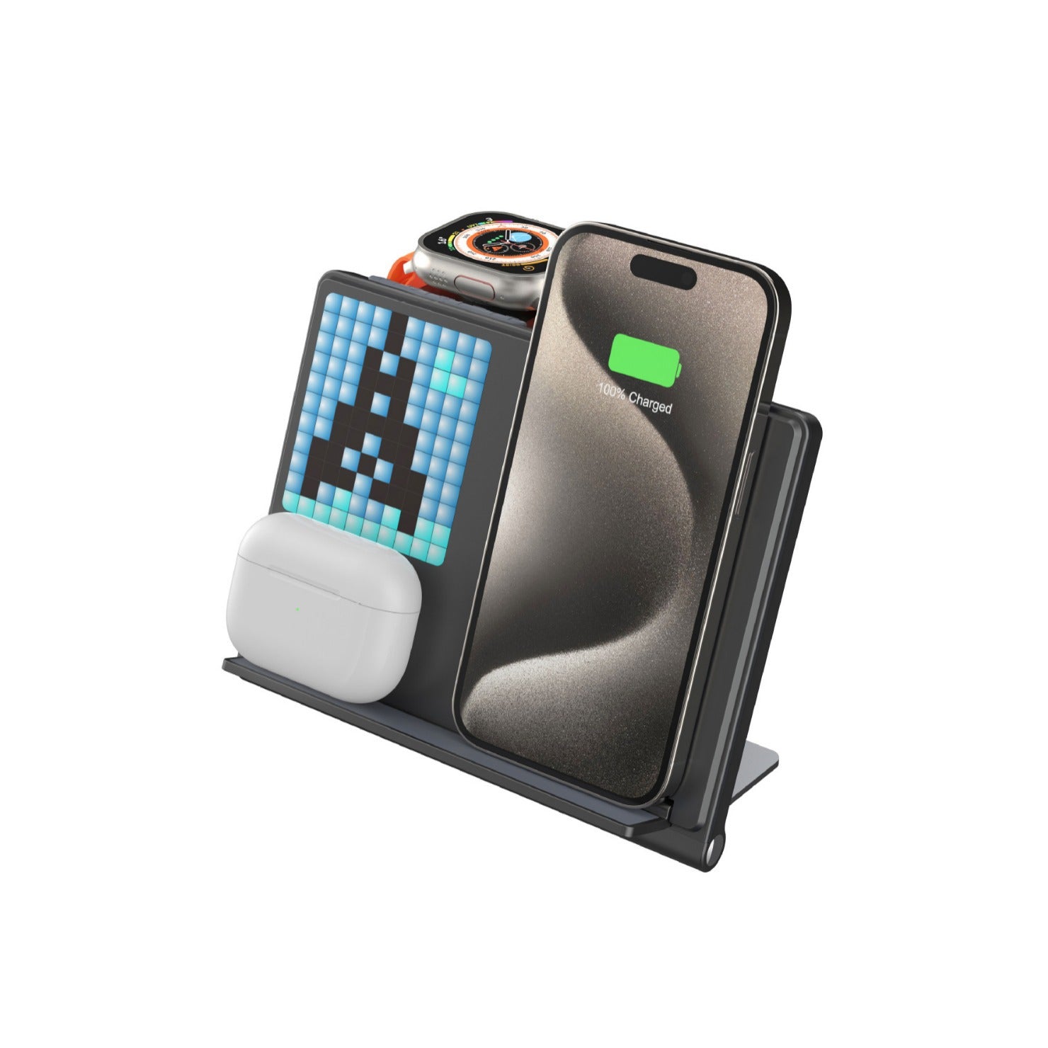 5-in-1 Pixel Animation Wireless Charger Stand — Phone, Watch & Earphones, 15W Fast Charge