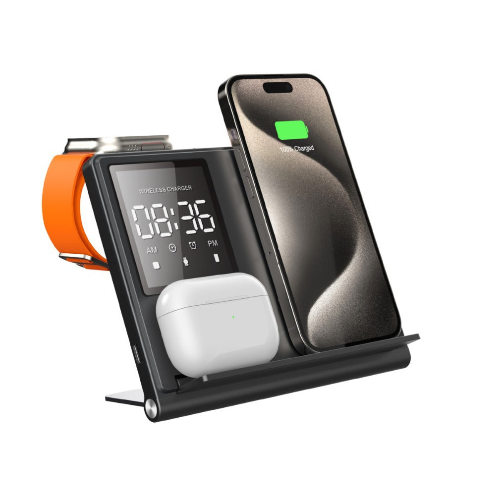 5-in-1 Pixel Animation Wireless Charger Stand — Phone, Watch & Earphones, 15W Fast Charge