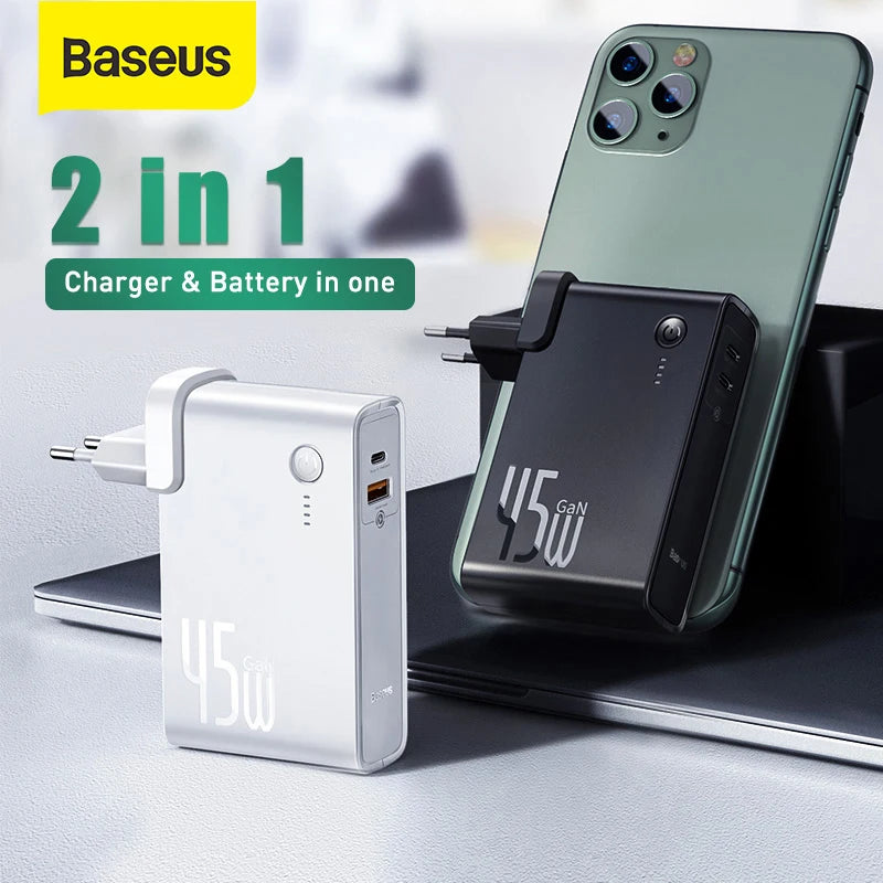 Baseus GaN 2-in-1 Power Bank & Wall Charger — 10000mAh, 45W USB-C PD Fast Charging