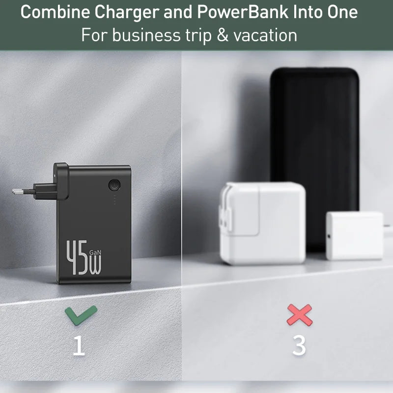 Baseus GaN 2-in-1 Power Bank & Wall Charger — 10000mAh, 45W USB-C PD Fast Charging