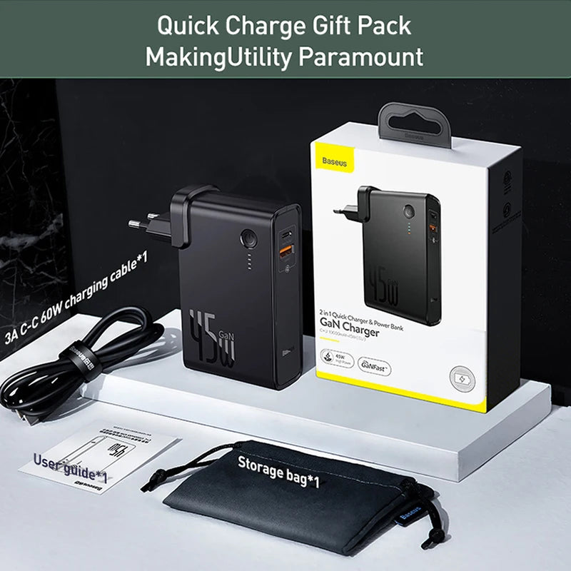 Baseus GaN 2-in-1 Power Bank & Wall Charger — 10000mAh, 45W USB-C PD Fast Charging
