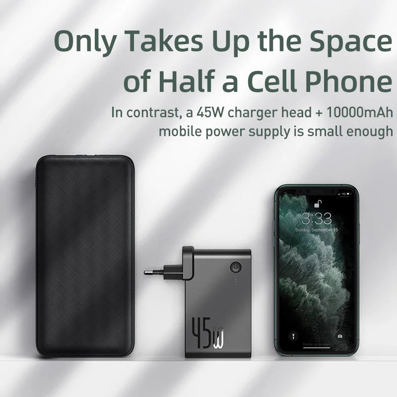 Baseus GaN 2-in-1 Power Bank & Wall Charger — 10000mAh, 45W USB-C PD Fast Charging
