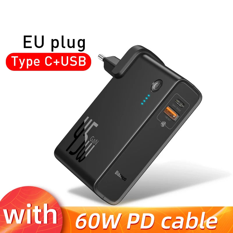 Baseus GaN 2-in-1 Power Bank & Wall Charger — 10000mAh, 45W USB-C PD Fast Charging