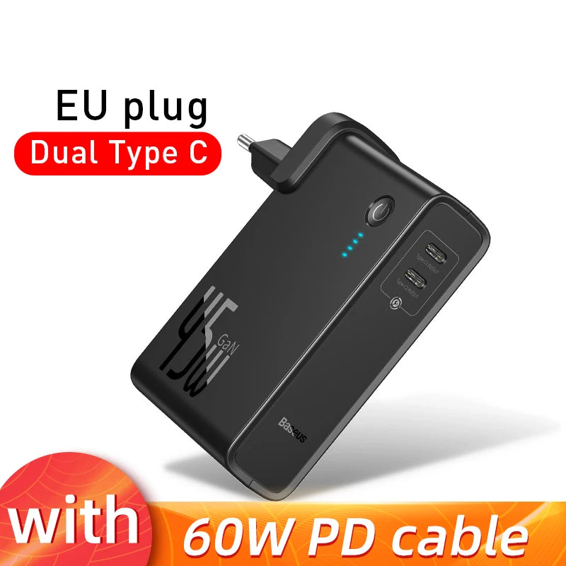 Baseus GaN 2-in-1 Power Bank & Wall Charger — 10000mAh, 45W USB-C PD Fast Charging
