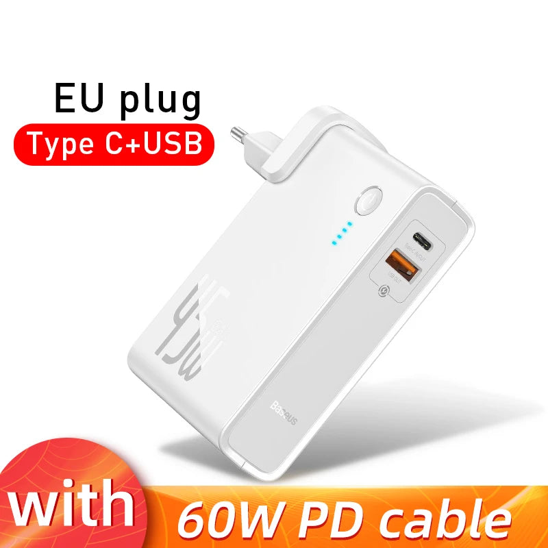 Baseus GaN 2-in-1 Power Bank & Wall Charger — 10000mAh, 45W USB-C PD Fast Charging